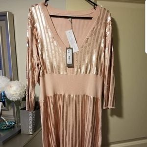 Rose gold Eva Mendes sequined dress